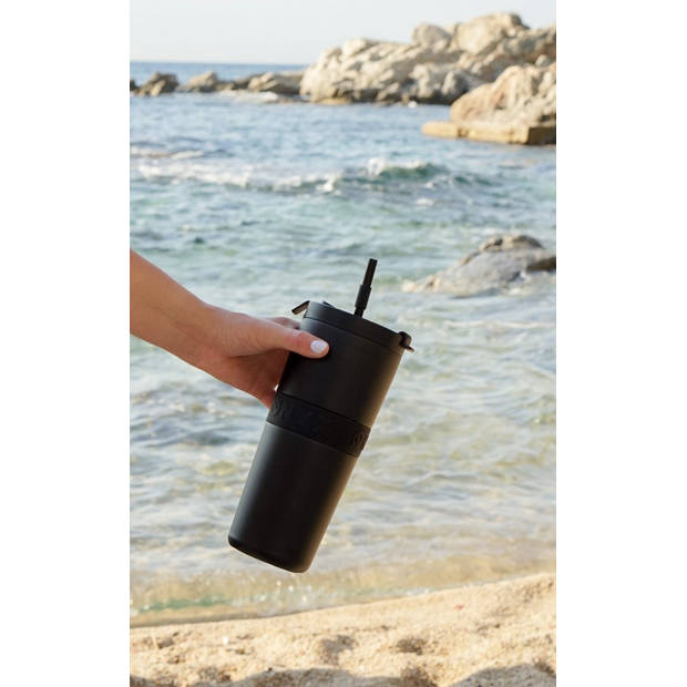 ONYX Drinkfles met Rietje 700ML - Waterfles voor Kinderen & Volwassenen - Thermosbeker Travel Mug - Zwart
