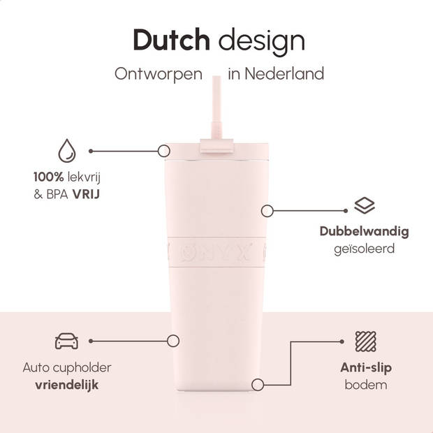 ONYX Drinkfles met Rietje 700ML - Waterfles voor Kinderen & Volwassenen - Thermosbeker Travel Mug - Roze