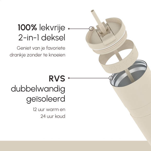 ONYX Drinkfles met Rietje 700ML - Waterfles voor Kinderen & Volwassenen - Thermosbeker Travel Mug - Beige