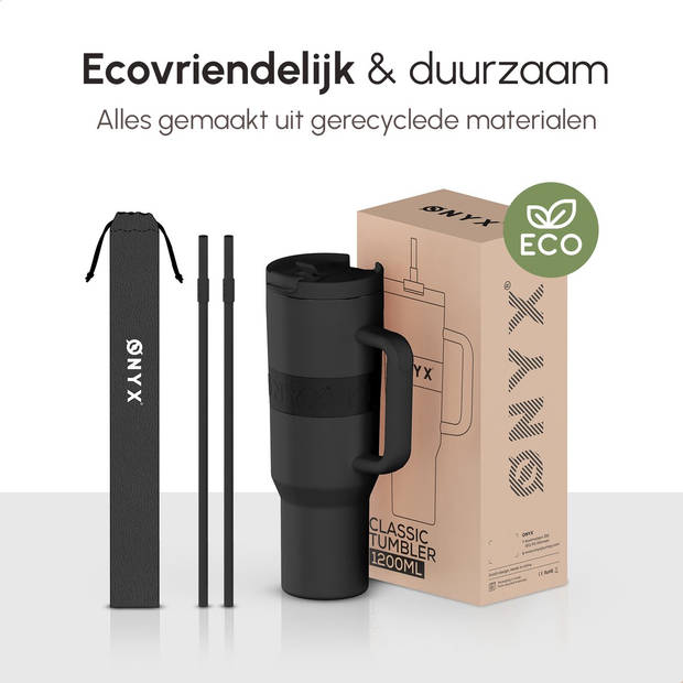 ONYX Drinkfles met Rietje 1.2 Liter - Waterfles voor Kinderen & Volwassenen - Thermosbeker Travel Mug - Zwart