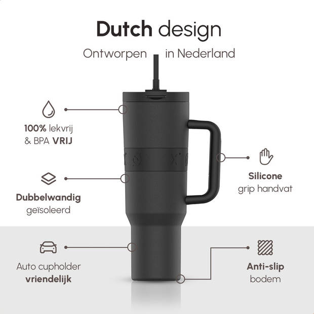 ONYX Drinkfles met Rietje 1.2 Liter - Waterfles voor Kinderen & Volwassenen - Thermosbeker Travel Mug - Zwart