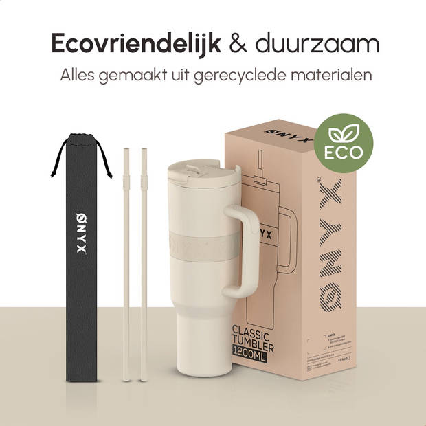 ONYX Drinkfles met Rietje 1.2 Liter - Waterfles voor Kinderen & Volwassenen - Thermosbeker Travel Mug - Beige