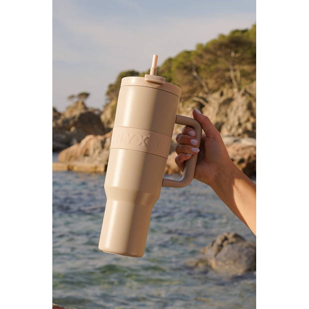ONYX Drinkfles met Rietje 1.2 Liter - Waterfles voor Kinderen & Volwassenen - Thermosbeker Travel Mug - Beige