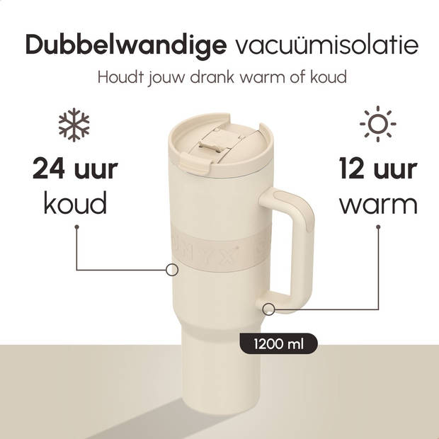 ONYX Drinkfles met Rietje 1.2 Liter - Waterfles voor Kinderen & Volwassenen - Thermosbeker Travel Mug - Beige