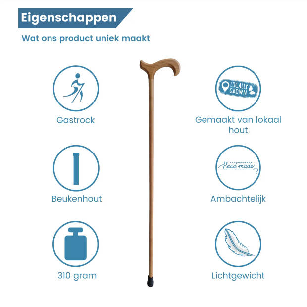 Gastrock Houten wandelstok - Beukenhout - Lichtbruin - Derby handvat - Voor heren en dames - Lengte 94 cm