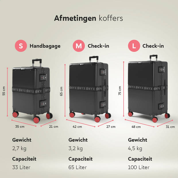 ONYX 3-delige Kofferset - Handbagage en Check-in koffer - 33L/65L/100 L - TSA slot - Spinner wielen - Trolley - Zwart