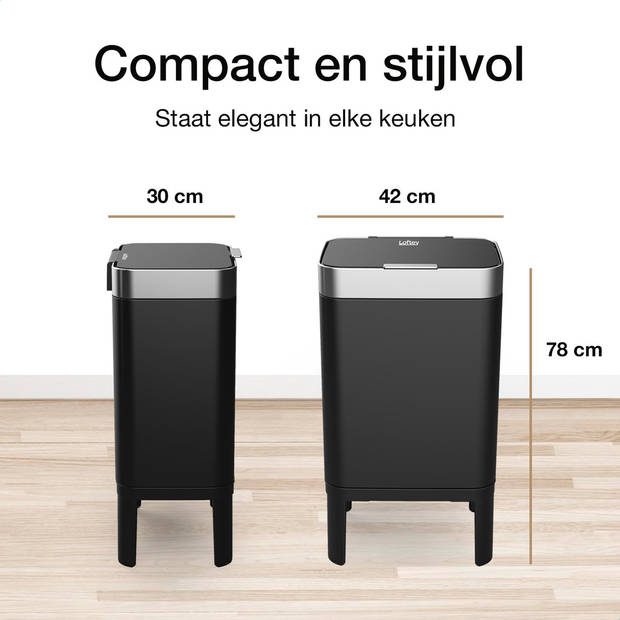 Loftey Prullenbak 60 Liter – Push/touch Afvalbak - Duo Afvalemmer met binnenbak - Vuilbak 2 Vakken - Zwart/RVS