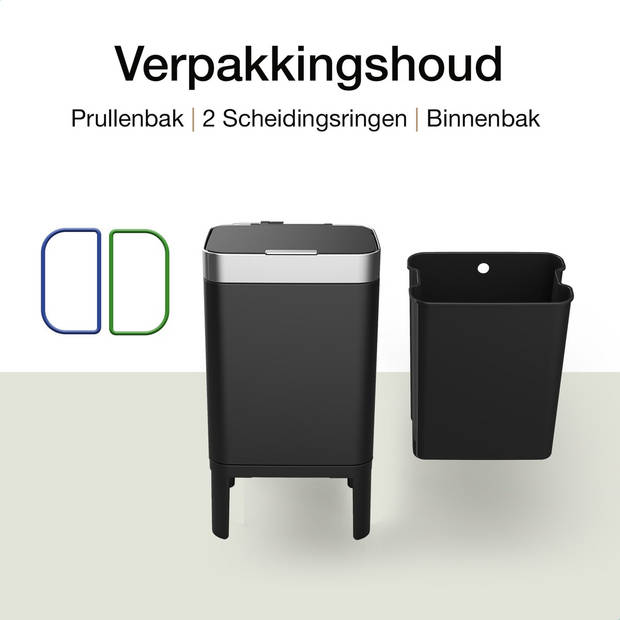 Loftey Prullenbak 60 Liter – Push/touch Afvalbak - Duo Afvalemmer met binnenbak - Vuilbak 2 Vakken - Zwart/RVS