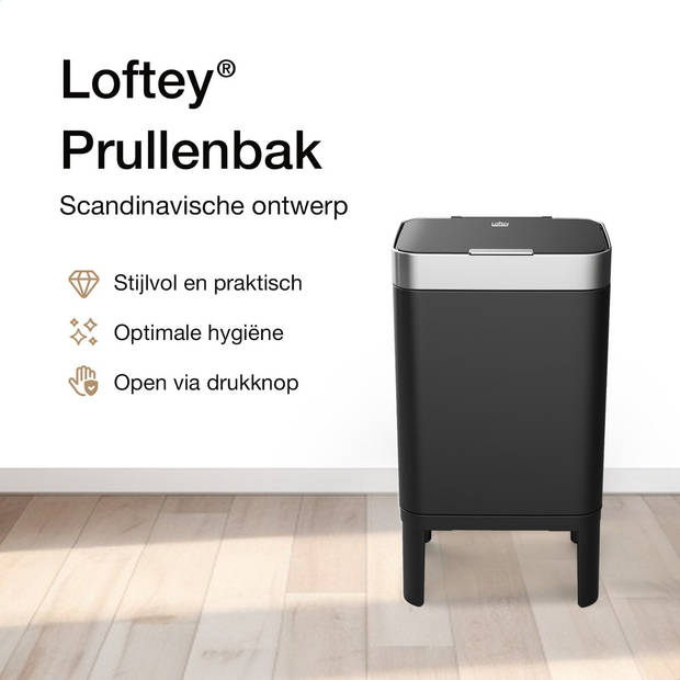 Loftey Prullenbak 60 Liter – Push/touch Afvalbak - Duo Afvalemmer met binnenbak - Vuilbak 2 Vakken - Zwart/RVS