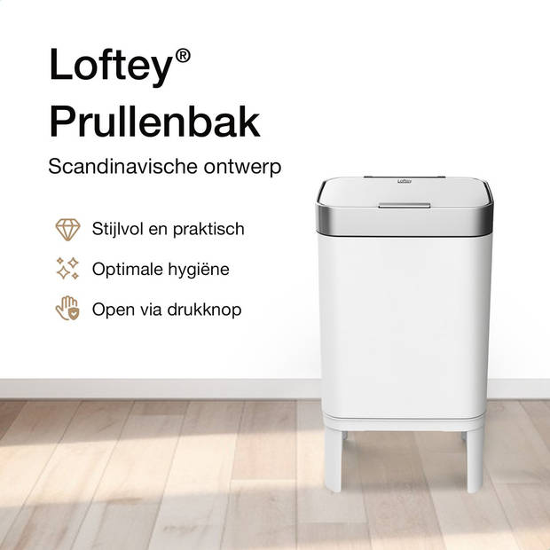 Loftey Prullenbak 60 Liter – Push/touch Afvalbak - Duo Afvalemmer met binnenbak - Vuilbak 2 Vakken - Wit/RVS