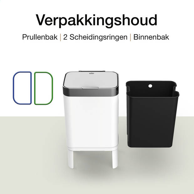 Loftey Prullenbak 60 Liter – Push/touch Afvalbak - Duo Afvalemmer met binnenbak - Vuilbak 2 Vakken - Wit/RVS