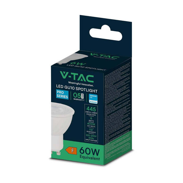 V-TAC VT-247-N LED Spots - GU10 Lens 110° - Samsung - IP20 - Wit - 6 Watt - 445 Lumen - 4000K - 5 Jaar