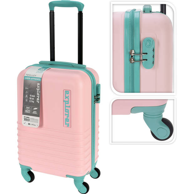 Cabine handbagage reis trolley koffer - zwenkwielen - 34 x 22 x 52 cm - 30 liter - roze/mint - Handbagage koffers