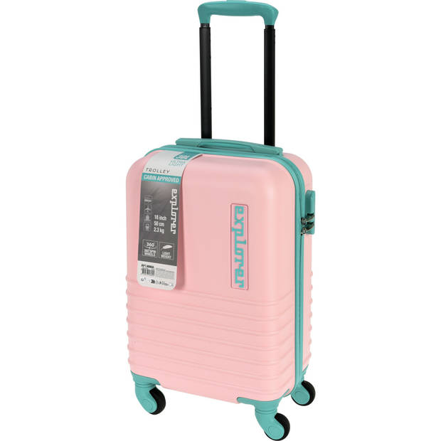 Cabine handbagage reis trolley koffer - zwenkwielen - 34 x 22 x 52 cm - 30 liter - roze/mint - Handbagage koffers