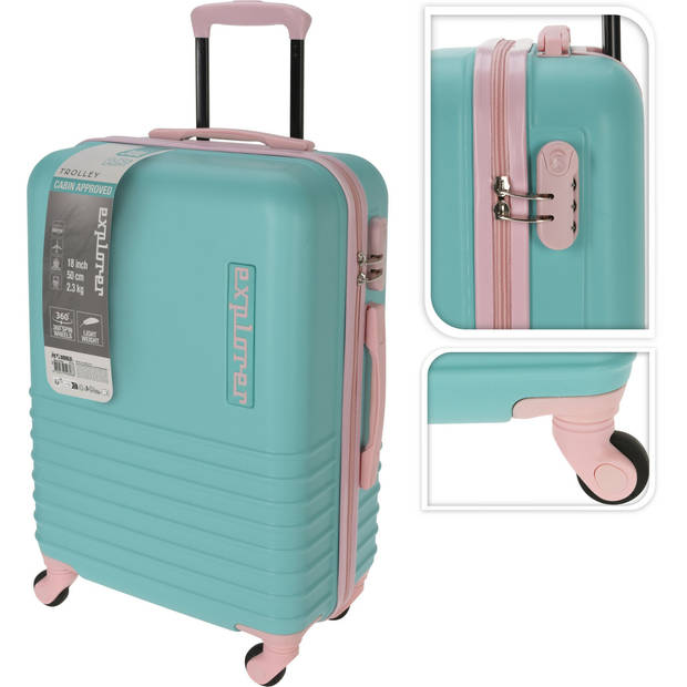 Cabine handbagage reis trolley koffer - zwenkwielen - 34 x 22 x 52 cm - 30 liter - mintgroen/roze - Handbagage koffers