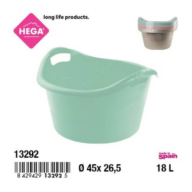 Hega Hogar Grote teil/afwasbak/kuip - kunststof - rond - handvatten - 45 x 27 cm - 18L - mintgroen - Afwasbak