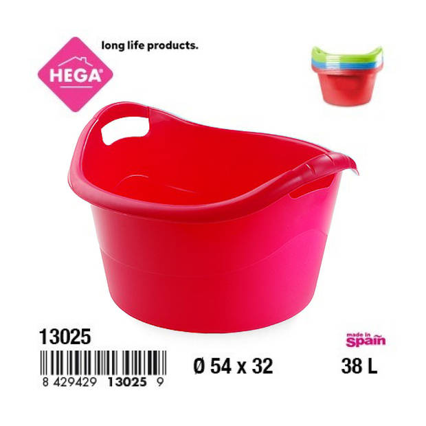 Hega Hogar Grote teil/afwasbak/kuip - kunststof - rond - handvatten - 54 x 32 cm - 38L - rood - Afwasbak