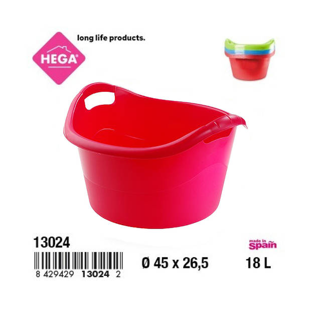 Hega Hogar Grote teil/afwasbak/kuip - kunststof - rond - handvatten - 45 x 27 cm - 18L - rood - Afwasbak