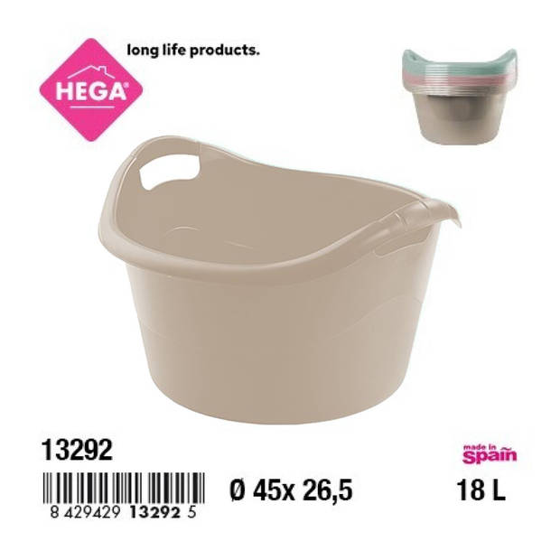 Hega Hogar Grote teil/afwasbak/kuip - kunststof - rond - handvatten - 45 x 27 cm - 18L - beige - Afwasbak