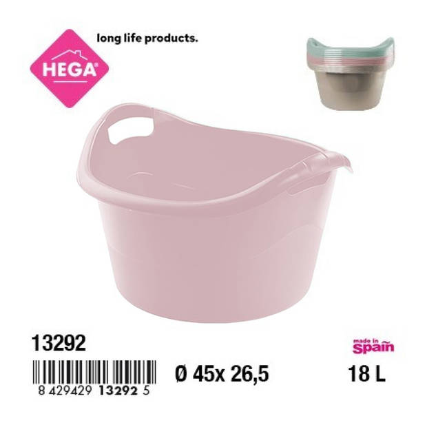 Hega Hogar Grote teil/afwasbak/kuip - kunststof - rond - handvatten - 45 x 27 cm - 18L - roze - Afwasbak