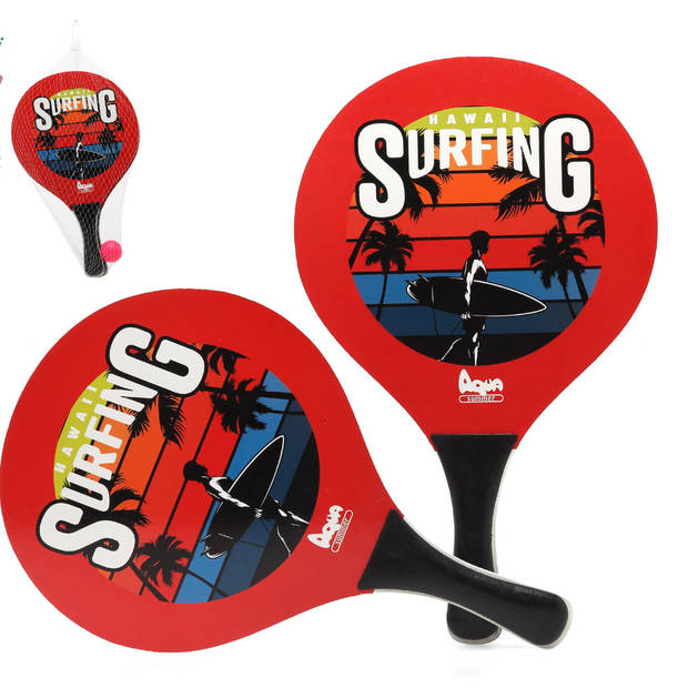 Beachball set Surfing - hout - rood - strand tennis speelset - kinderen/volwassenen - Beachballsets