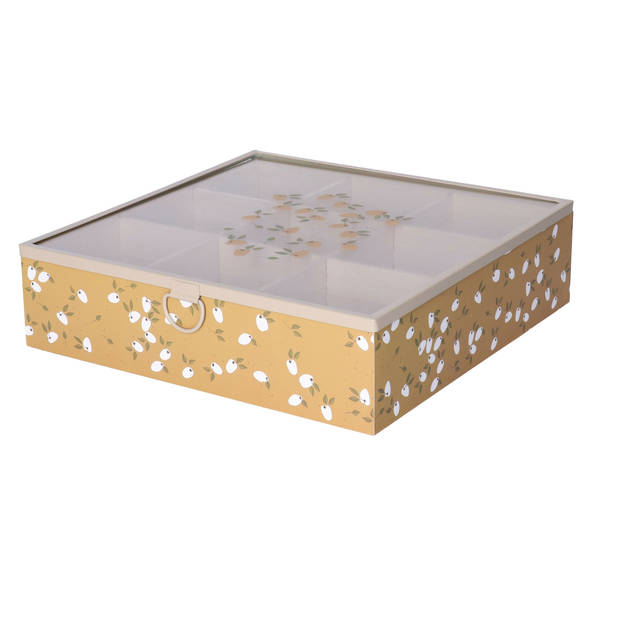 Items Theedoos/theekist Blossom - 9-vaks - MDF - 24x24x6.5 cm - geel - transparante deksel - Theedozen