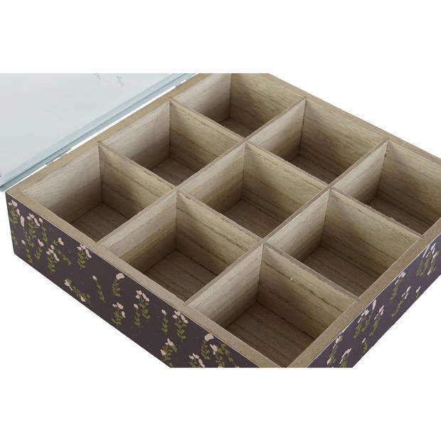 Items Theedoos/theekist Blossom - 9-vaks - MDF - 24x24x6.5 cm - bruin - transparante deksel - Theedozen