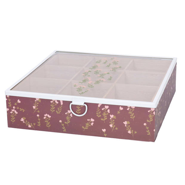 Items Theedoos/theekist Blossom - 9-vaks - MDF - 24x24x6.5 cm - bruin - transparante deksel - Theedozen