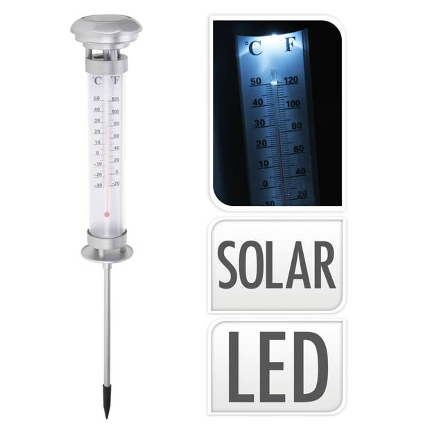 Pro Garden Tuin/buiten thermometer - met solar verlichting - 58 cm - Buitenthermometers