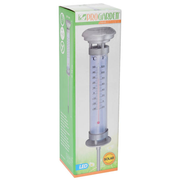 Pro Garden Tuin/buiten thermometer - met solar verlichting - 97 cm - Buitenthermometers