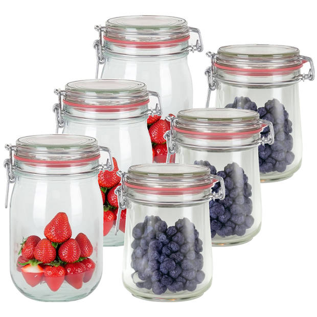 Weckpotten/inmaakpotten - set 6x stuks - 1000 ml/720 ml - glas - met beugelsluiting - Weckpotten