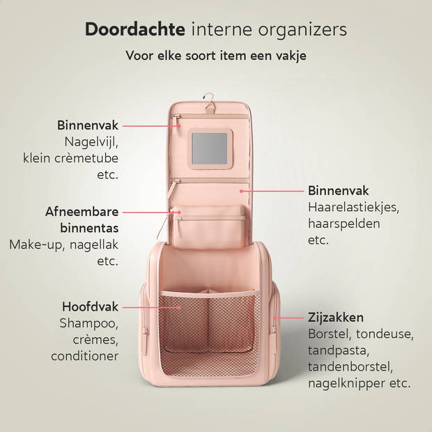 ONYX Toilettas Roze - Make Up Tasje - Cosmetica Organizer - Make-Up Spiegel - Hangbaar - Dames en Heren - Maat: L