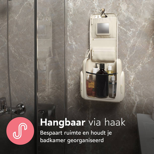 ONYX Toilettas Beige - Make Up Tasje - Cosmetica Organizer - Make-Up Spiegel - Hangbaar - Dames en Heren - Maat: L