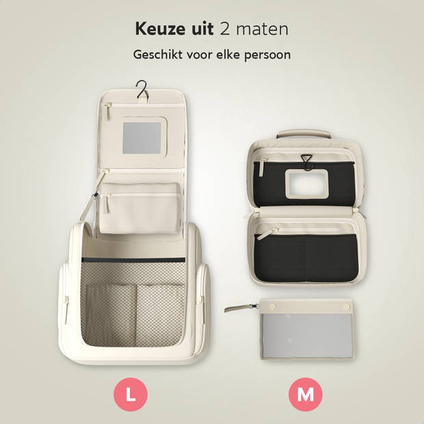 ONYX Toilettas Beige - Make Up Tasje - Cosmetica Organizer - Make-Up Spiegel - Hangbaar - Dames en Heren - Maat: M