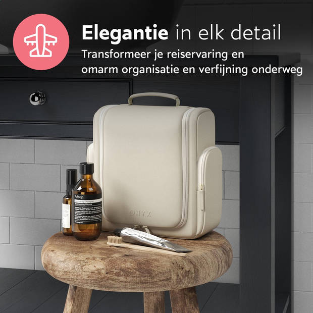 ONYX Toilettas Beige - Make Up Tasje - Cosmetica Organizer - Make-Up Spiegel - Hangbaar - Dames en Heren - Maat: L