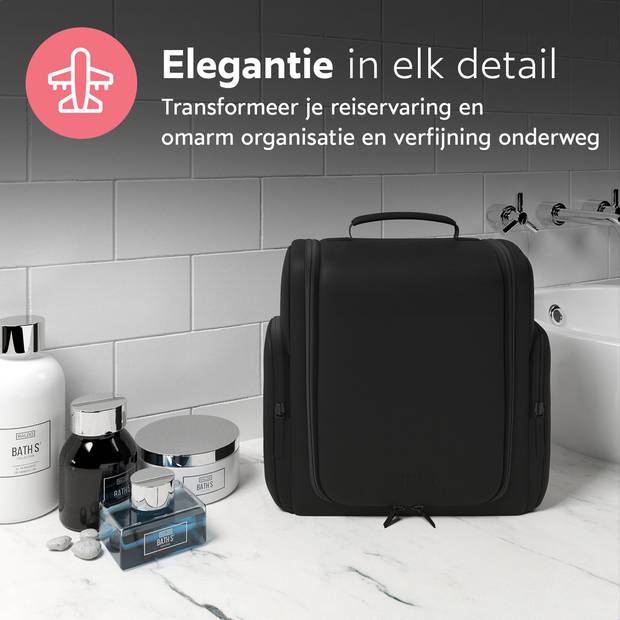 ONYX Toilettas Zwart - Make Up Tasje - Cosmetica Organizer - Make-Up Spiegel - Hangbaar - Dames en Heren - Maat: L