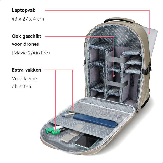 ONYX Cameratas met laptopvak - Spiegelreflexcamera rugzak - Spatwaterbestendig - Drones - Hardcase reistas - Beige