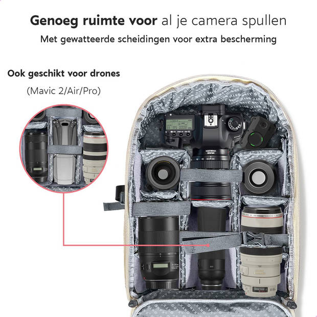 ONYX Cameratas met laptopvak - Spiegelreflexcamera rugzak - Spatwaterbestendig - Drones - Hardcase reistas - Beige