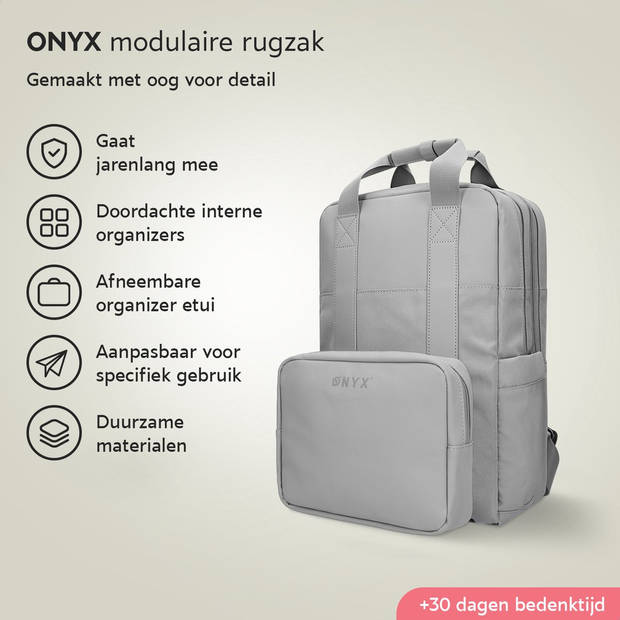 ONYX Rugzak 20L met Laptopvak - Afneembare Organizer etui - Dames en Heren - Laptoptas - Schooltas - Rugtas - Grijs