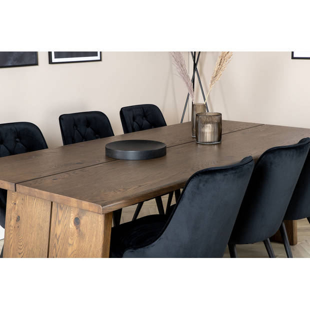 Logger eethoek eetkamertafel uitschuifbare tafel lengte cm 210 / 310 rokerig eik en 6 Velvet Deluxe eetkamerstal velours