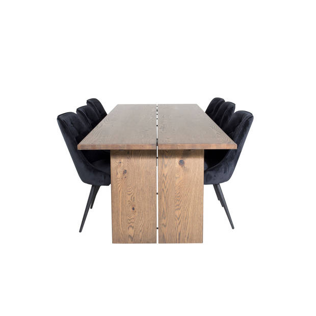 Logger eethoek eetkamertafel uitschuifbare tafel lengte cm 210 / 310 rokerig eik en 6 Velvet Deluxe eetkamerstal velours