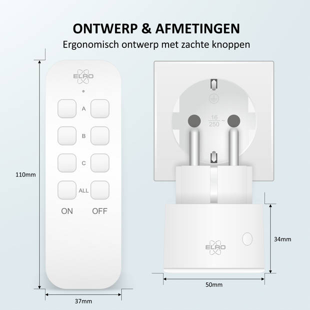 ELRO RC1300 Draadloze Schakelaar Set – 3x Slimme Stekker + Afstandsbediening – Indoor – 40m bereik