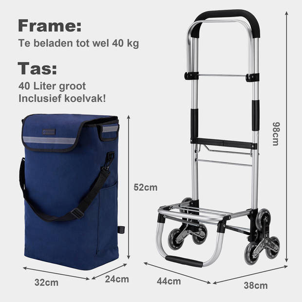 Packaway Boodschappentrolley met 6 wielen voor trappen - 40L - boodschappenwagen - steekwagen functie - BLAUW