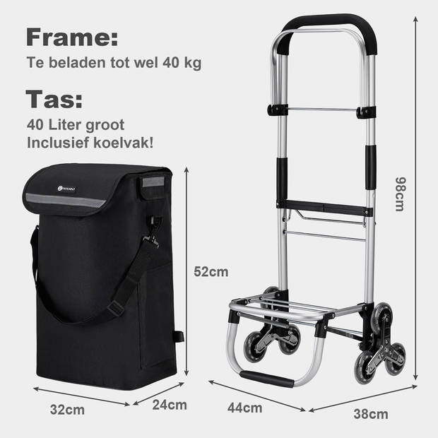 Packaway Boodschappentrolley met 6 wielen voor trappen - 40L - boodschappenwagen - steekwagen functie - ZWART