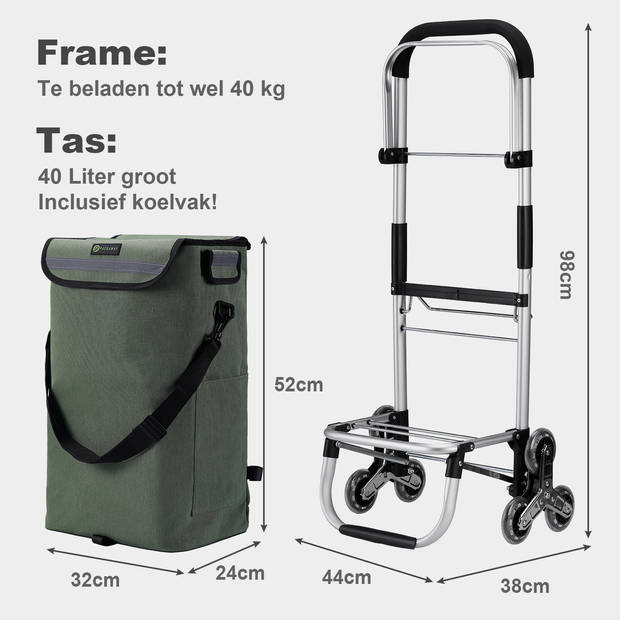 Packaway Boodschappentrolley met 6 wielen voor trappen - 40L - boodschappenwagen - steekwagen functie - GROEN