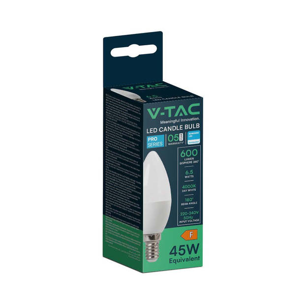 V-TAC VT-268-N LED Lampen - Kaars E14 - Samsung - IP20 - Wit - 6,5 Watt - 600 Lumen - 4000K - 5 Jaar