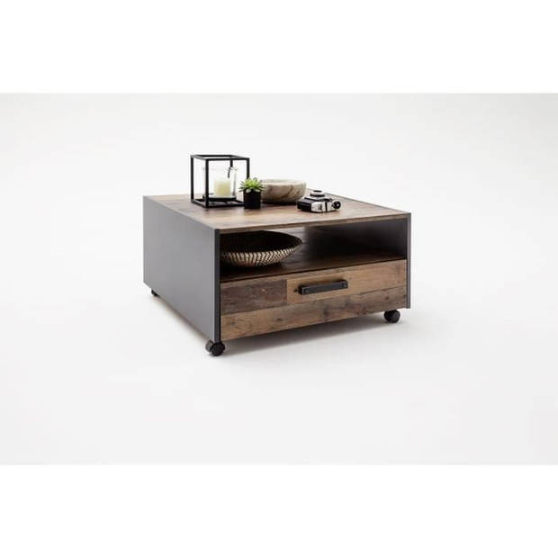 Vierkante salontafel - Spaanplaat - Verouderd hout en grijs decor - Dubbel blad - 1 lade - L70 x D70 x H40 cm