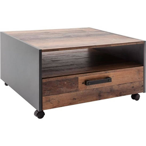 Vierkante salontafel - Spaanplaat - Verouderd hout en grijs decor - Dubbel blad - 1 lade - L70 x D70 x H40 cm