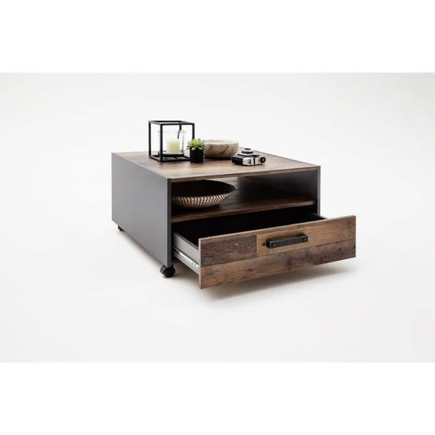 Vierkante salontafel - Spaanplaat - Verouderd hout en grijs decor - Dubbel blad - 1 lade - L70 x D70 x H40 cm