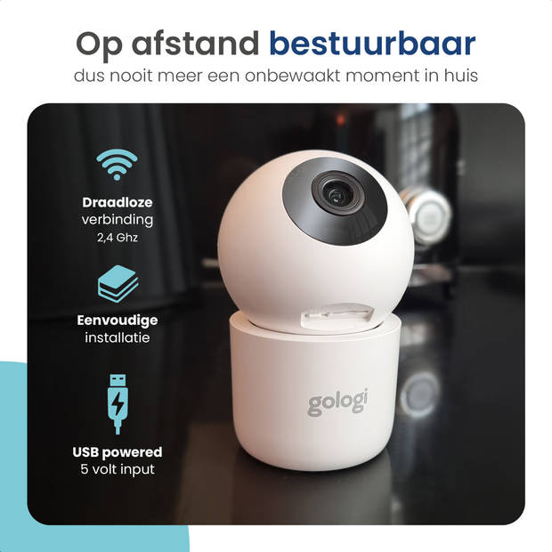 Gologi Beveiligingscamera binnen - Smart Indoor Camera - 180° Draaibaar - Wit